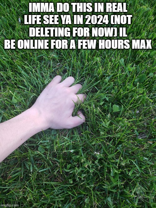 Touching grass | IMMA DO THIS IN REAL LIFE SEE YA IN 2024 (NOT DELETING FOR NOW) IL BE ONLINE FOR A FEW HOURS MAX | image tagged in touching grass | made w/ Imgflip meme maker