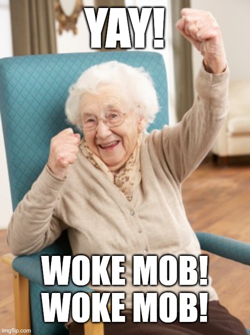 old woman cheering | YAY! WOKE MOB!
WOKE MOB! | image tagged in old woman cheering | made w/ Imgflip meme maker