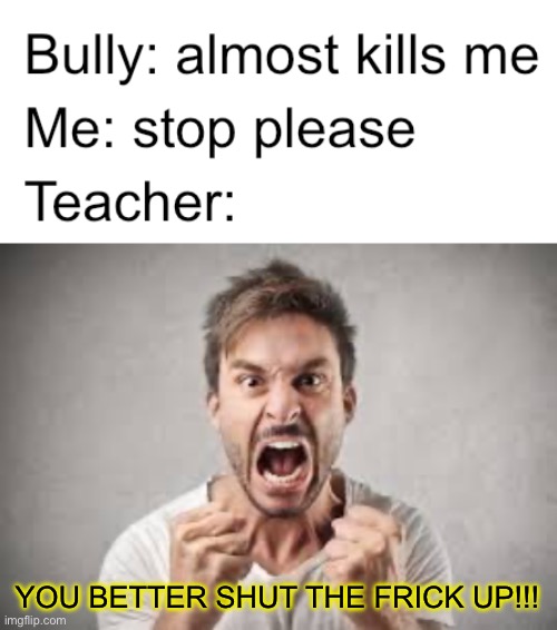 why do they do this… | YOU BETTER SHUT THE FRICK UP!!! | image tagged in memes,funny,relatable,bully,certified bruh moment,teacher | made w/ Imgflip meme maker