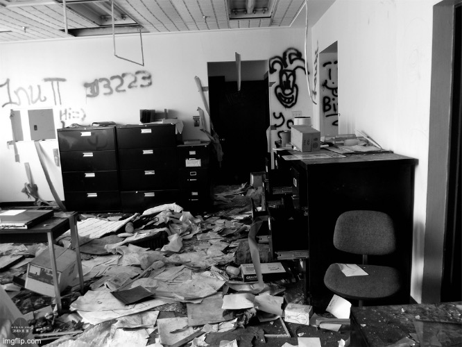 Offices in the ITC, like Jimmy's Spraypaint Store on floor 27, are being abandoned due to a possible nuclear weapon on ITC 7 | image tagged in office chaos | made w/ Imgflip meme maker