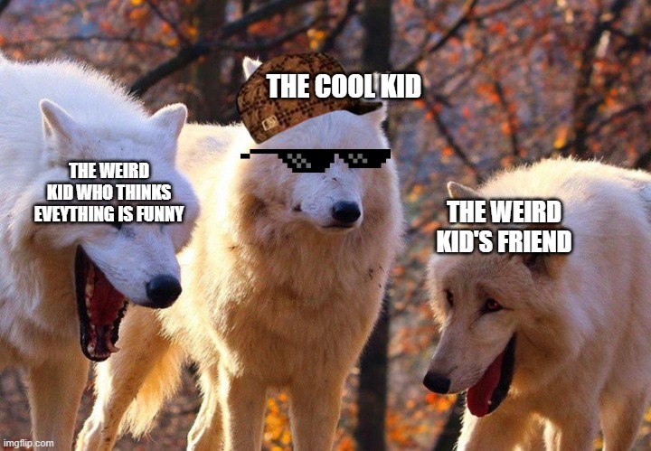 Cool kid & weird kids | THE COOL KID; THE WEIRD KID WHO THINKS EVEYTHING IS FUNNY; THE WEIRD KID'S FRIEND | image tagged in cool kid,weird kids | made w/ Imgflip meme maker