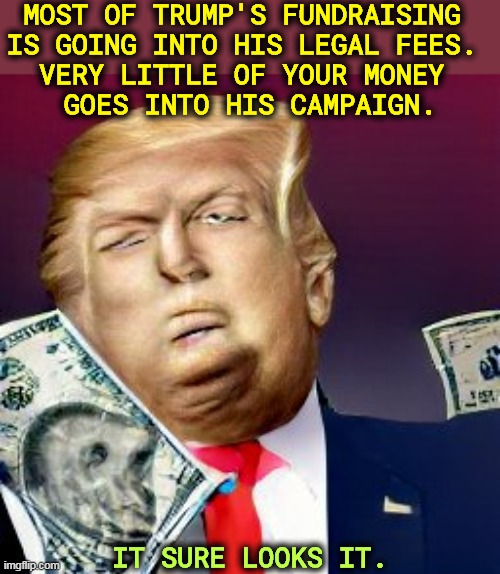 Doesn't it? | MOST OF TRUMP'S FUNDRAISING 
IS GOING INTO HIS LEGAL FEES. 

VERY LITTLE OF YOUR MONEY 
GOES INTO HIS CAMPAIGN. IT SURE LOOKS IT. | image tagged in trump,money,lawyers,campaign | made w/ Imgflip meme maker