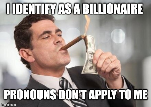 rich guy burning money | I IDENTIFY AS A BILLIONAIRE PRONOUNS DON'T APPLY TO ME | image tagged in rich guy burning money | made w/ Imgflip meme maker