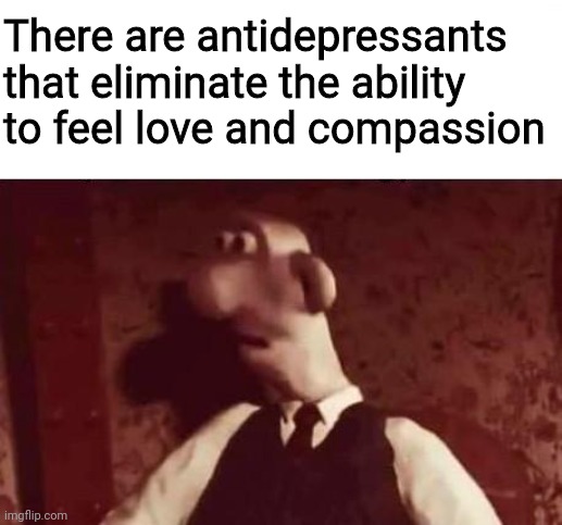 Oop | There are antidepressants that eliminate the ability to feel love and compassion | image tagged in unsettled wallace | made w/ Imgflip meme maker