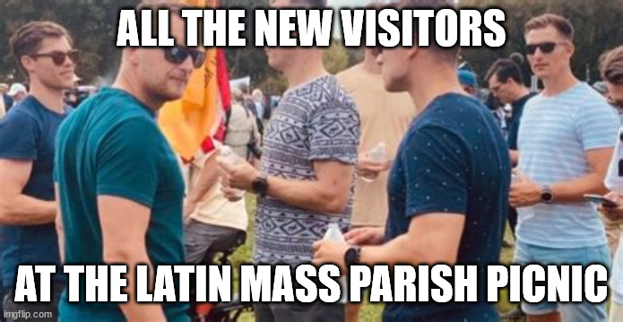 FBI INFILTRATING CATHOLIC CHURCH | ALL THE NEW VISITORS; AT THE LATIN MASS PARISH PICNIC | image tagged in fbi agents not very undercover | made w/ Imgflip meme maker