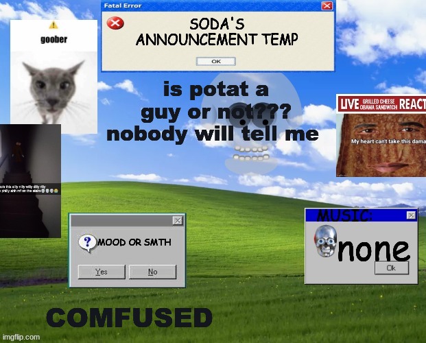 soda_real's temp | is potat a guy or not??? nobody will tell me; none; COMFUSED | image tagged in soda_real's temp | made w/ Imgflip meme maker