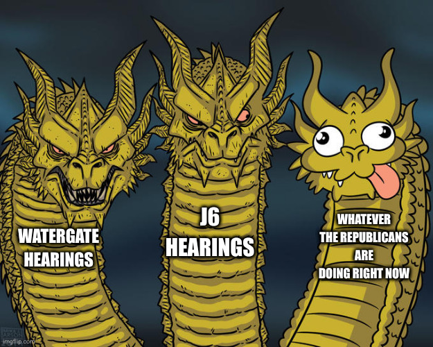 what are they doing anyway | J6 HEARINGS; WHATEVER THE REPUBLICANS ARE DOING RIGHT NOW; WATERGATE HEARINGS | image tagged in three-headed dragon | made w/ Imgflip meme maker