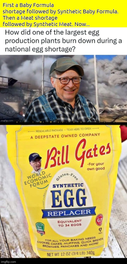 Chicken Thief Bill Gates fake eggs arson | First a Baby Formula shortage followed by Synthetic Baby Formula. 
Then a Meat shortage followed by Synthetic Meat. Now... | made w/ Imgflip meme maker