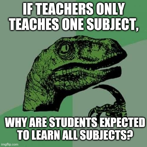 Philosoraptor Meme | IF TEACHERS ONLY TEACHES ONE SUBJECT, WHY ARE STUDENTS EXPECTED TO LEARN ALL SUBJECTS? | image tagged in memes,philosoraptor,unhelpful high school teacher,stupid,school | made w/ Imgflip meme maker