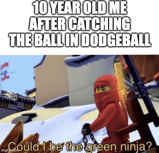 catching the ball | 10 YEAR OLD ME AFTER CATCHING THE BALL IN DODGEBALL | image tagged in could i be the green ninja | made w/ Imgflip meme maker