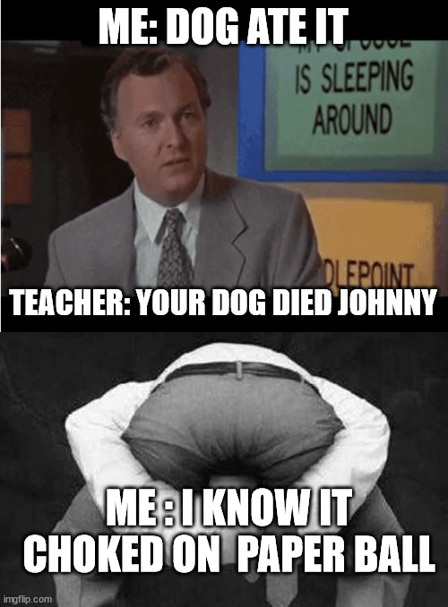 ME: DOG ATE IT TEACHER: YOUR DOG DIED JOHNNY ME : I KNOW IT CHOKED ON  PAPER BALL | made w/ Imgflip meme maker