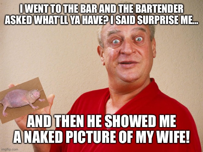 Rodney Dangerfield For Pres | I WENT TO THE BAR AND THE BARTENDER ASKED WHAT’LL YA HAVE? I SAID SURPRISE ME… AND THEN HE SHOWED ME A NAKED PICTURE OF MY WIFE! | image tagged in rodney dangerfield for pres | made w/ Imgflip meme maker