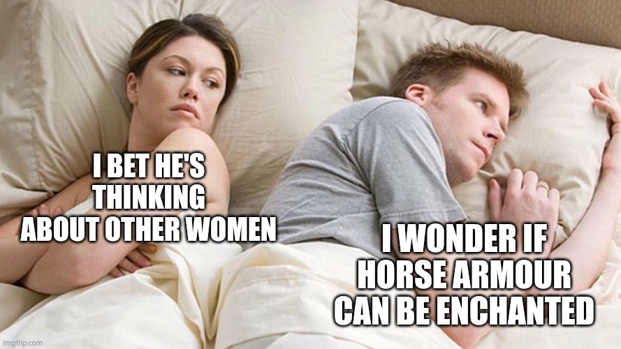 couple in bed | I BET HE'S THINKING ABOUT OTHER WOMEN; I WONDER IF HORSE ARMOUR CAN BE ENCHANTED | image tagged in couple in bed,minecraft,horse,i bet he's thinking about other women,idk | made w/ Imgflip meme maker