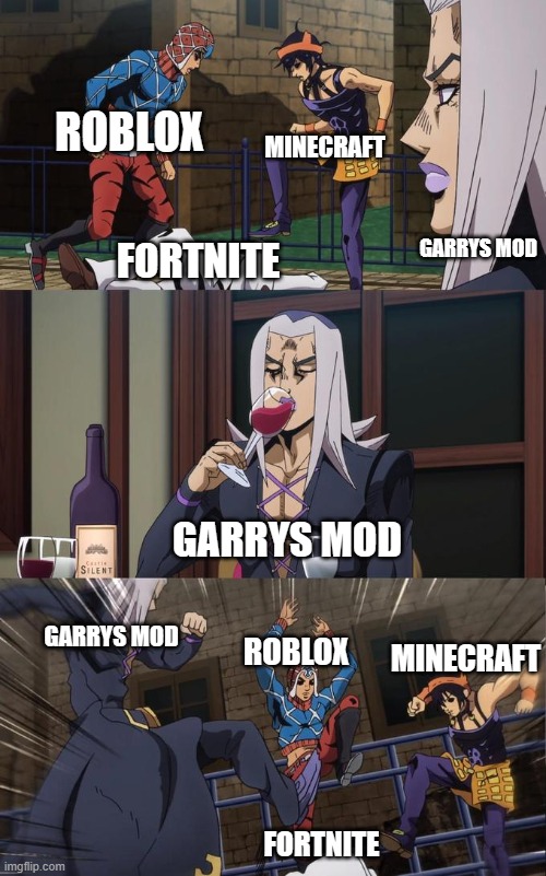 Abbacchio Joins the Kicking | MINECRAFT; ROBLOX; GARRYS MOD; FORTNITE; GARRYS MOD; GARRYS MOD; ROBLOX; MINECRAFT; FORTNITE | image tagged in abbacchio joins the kicking | made w/ Imgflip meme maker