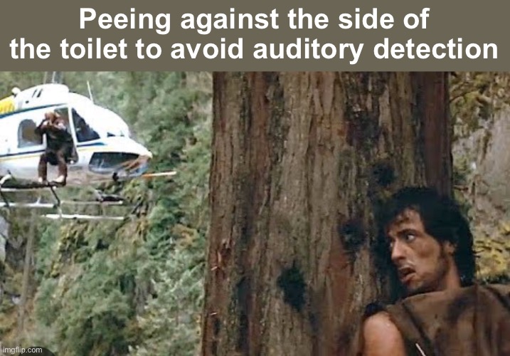 Peeing covertly | Peeing against the side of the toilet to avoid auditory detection | image tagged in rambo approved,funny memes | made w/ Imgflip meme maker