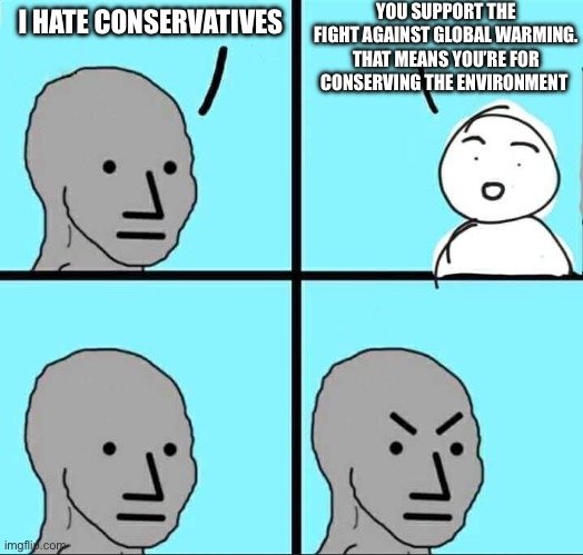 Hypocrites | YOU SUPPORT THE FIGHT AGAINST GLOBAL WARMING. THAT MEANS YOU’RE FOR CONSERVING THE ENVIRONMENT; I HATE CONSERVATIVES | image tagged in npc meme,libtards | made w/ Imgflip meme maker