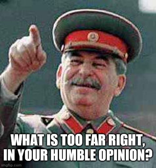 Stalin says | WHAT IS TOO FAR RIGHT, IN YOUR HUMBLE OPINION? | image tagged in stalin says | made w/ Imgflip meme maker