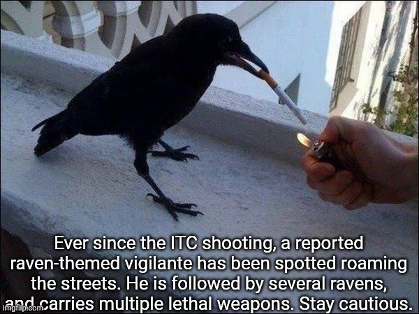 raven smoking | Ever since the ITC shooting, a reported raven-themed vigilante has been spotted roaming the streets. He is followed by several ravens, and carries multiple lethal weapons. Stay cautious. | image tagged in raven smoking | made w/ Imgflip meme maker