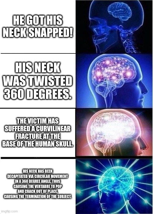 bro | HE GOT HIS NECK SNAPPED! HIS NECK WAS TWISTED 360 DEGREES. THE VICTIM HAS SUFFERED A CURVILINEAR FRACTURE AT THE BASE OF THE HUMAN SKULL. HIS NECK HAS BEEN DECAPITATED VIA CIRCULAR MOVEMENT IN A 360 DEGREE ANGLE, THUS CAUSING THE VERTABRE TO POP AND CRACK OUT OF PLACE, CAUSING THE TERMINATION OF THE SUBJECT. | image tagged in memes,expanding brain | made w/ Imgflip meme maker