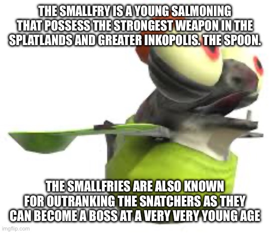 The salmonoid study wave 1: The smallfry | THE SMALLFRY IS A YOUNG SALMONING THAT POSSESS THE STRONGEST WEAPON IN THE SPLATLANDS AND GREATER INKOPOLIS. THE SPOON. THE SMALLFRIES ARE ALSO KNOWN FOR OUTRANKING THE SNATCHERS AS THEY CAN BECOME A BOSS AT A VERY VERY YOUNG AGE | image tagged in splatoon | made w/ Imgflip meme maker