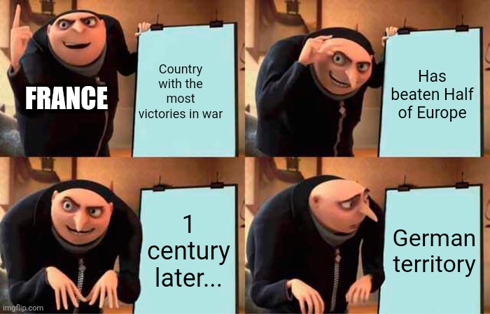 Gru's Plan Meme | Country with the most victories in war; Has beaten Half of Europe; FRANCE; 1 century later... German territory | image tagged in memes,gru's plan | made w/ Imgflip meme maker