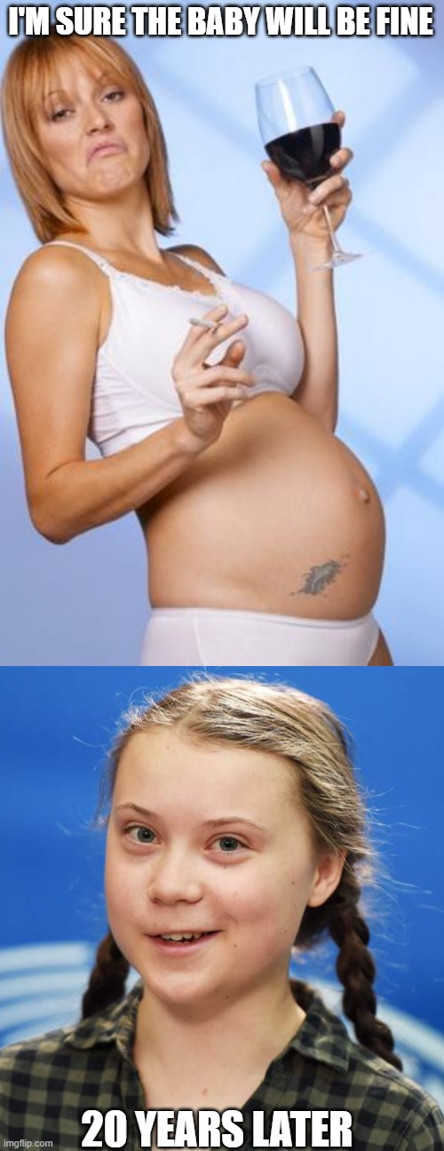 I'M SURE THE BABY WILL BE FINE; 20 YEARS LATER | image tagged in pregnant drinking lady,greta thunberg | made w/ Imgflip meme maker