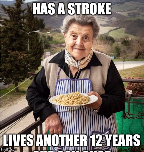 Italian Nonna Meme | HAS A STROKE; LIVES ANOTHER 12 YEARS | image tagged in nonna,grandma,italy,italian | made w/ Imgflip meme maker