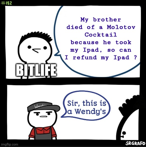 My bro | My brother died of a Molotov Cocktail because he took my Ipad, so can I refund my Ipad ? BITLIFE | image tagged in sir this is a wendy's | made w/ Imgflip meme maker