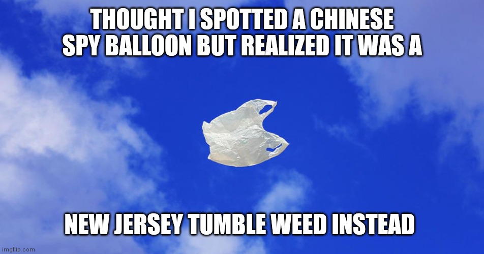 Bag | THOUGHT I SPOTTED A CHINESE SPY BALLOON BUT REALIZED IT WAS A; NEW JERSEY TUMBLE WEED INSTEAD | image tagged in plastic bag challenge | made w/ Imgflip meme maker