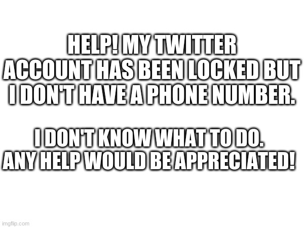 help | HELP! MY TWITTER ACCOUNT HAS BEEN LOCKED BUT I DON'T HAVE A PHONE NUMBER. I DON'T KNOW WHAT TO DO. ANY HELP WOULD BE APPRECIATED! | image tagged in twitter,help,emergency,blocked | made w/ Imgflip meme maker