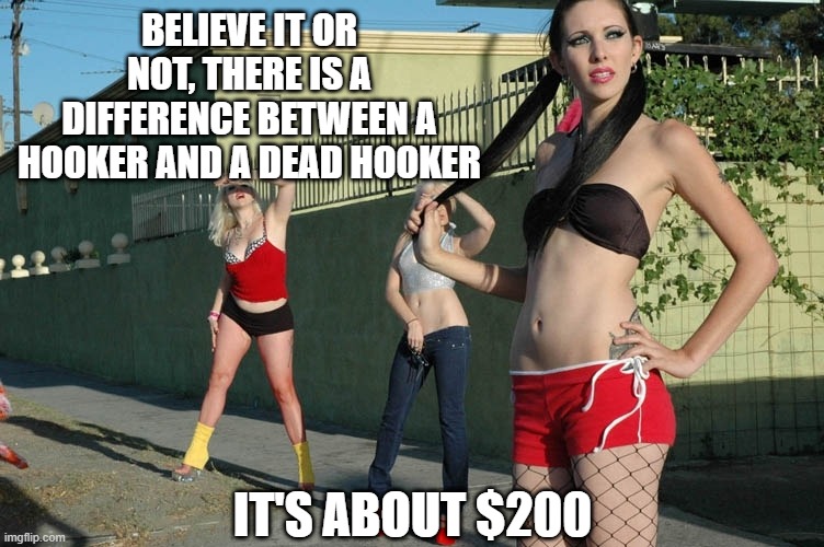 Savings | BELIEVE IT OR NOT, THERE IS A DIFFERENCE BETWEEN A HOOKER AND A DEAD HOOKER; IT'S ABOUT $200 | image tagged in hookers | made w/ Imgflip meme maker