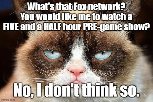1 PM to 6:30? Really? | What's that Fox network? You would like me to watch a FIVE and a HALF hour PRE-game show? No, I don't think so. | image tagged in grumpy cat not amused,grumpy cat | made w/ Imgflip meme maker