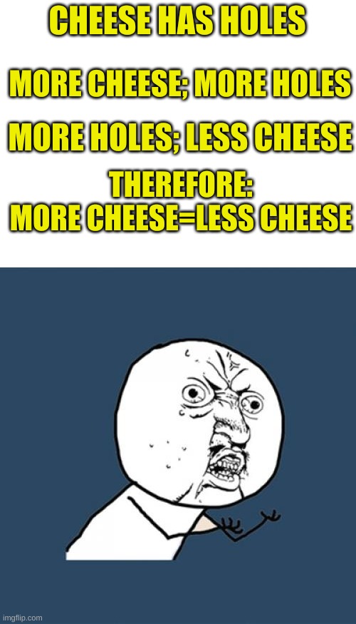 Shower thoughts | CHEESE HAS HOLES; MORE CHEESE; MORE HOLES; MORE HOLES; LESS CHEESE; THEREFORE:
MORE CHEESE=LESS CHEESE | image tagged in blank white template,memes,y u no | made w/ Imgflip meme maker