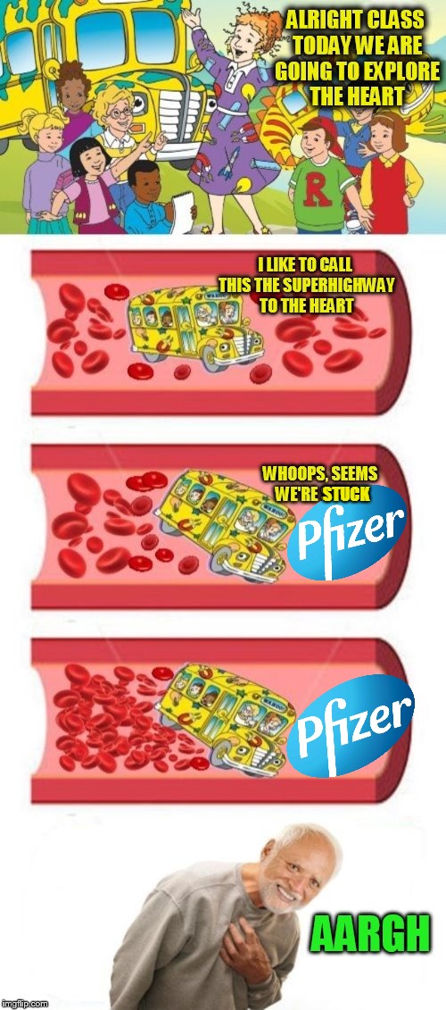 Ms. Frizzle And The Magic School Bus Explore The Heart! (Revised) From 5 years ago | STUCK | image tagged in pfizer,died suddenly,magic school bus,heart attack,hide the pain harold,ms frizzle | made w/ Imgflip meme maker