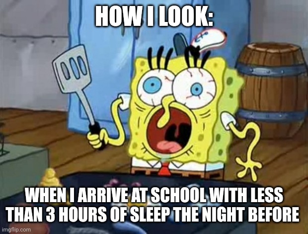 How I look with less than 3 hours of sleep | HOW I LOOK:; WHEN I ARRIVE AT SCHOOL WITH LESS THAN 3 HOURS OF SLEEP THE NIGHT BEFORE | image tagged in crazy spongebob | made w/ Imgflip meme maker