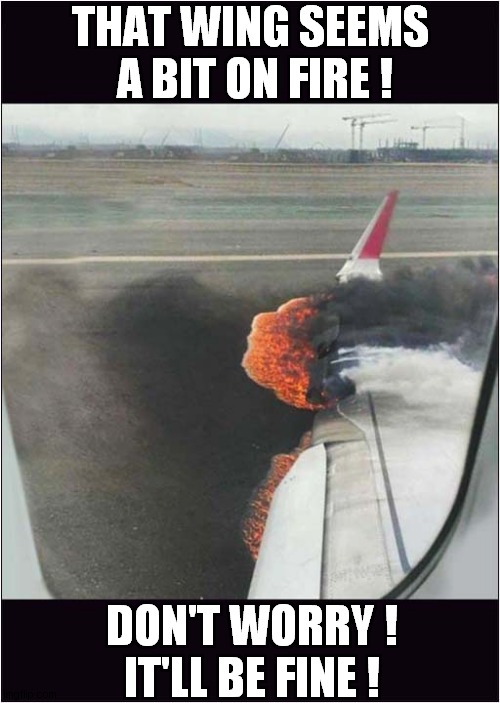 Air Travel Is The Safest Form Of Travel ! | THAT WING SEEMS
 A BIT ON FIRE ! DON'T WORRY !
IT'LL BE FINE ! | image tagged in airplane,wings of fire,it'll be fine | made w/ Imgflip meme maker