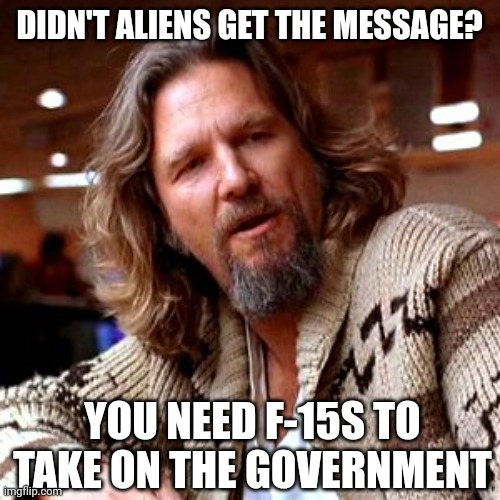 Traveled light years to get shot down. | DIDN'T ALIENS GET THE MESSAGE? YOU NEED F-15S TO TAKE ON THE GOVERNMENT | image tagged in memes,confused lebowski | made w/ Imgflip meme maker