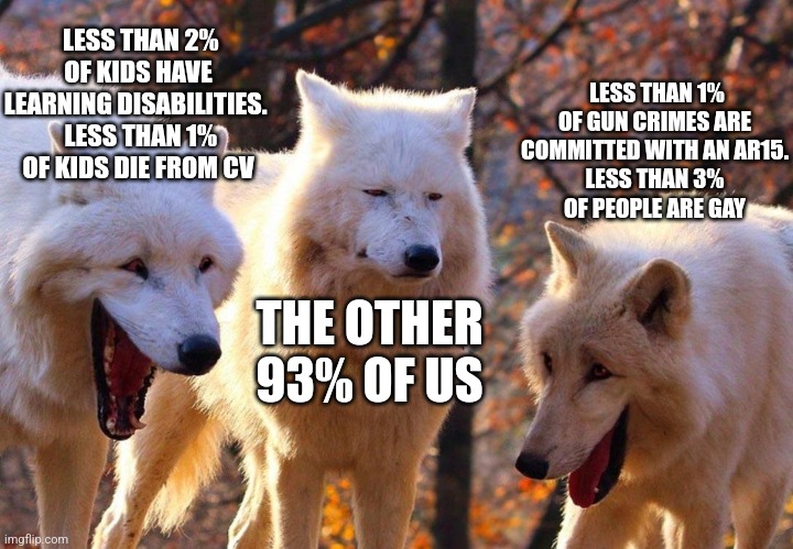 2/3 wolves laugh | LESS THAN 2% OF KIDS HAVE LEARNING DISABILITIES. 
 LESS THAN 1% OF KIDS DIE FROM CV; LESS THAN 1% OF GUN CRIMES ARE COMMITTED WITH AN AR15.
 LESS THAN 3% 
OF PEOPLE ARE GAY; THE OTHER 93% OF US | image tagged in 2/3 wolves laugh,funny memes | made w/ Imgflip meme maker