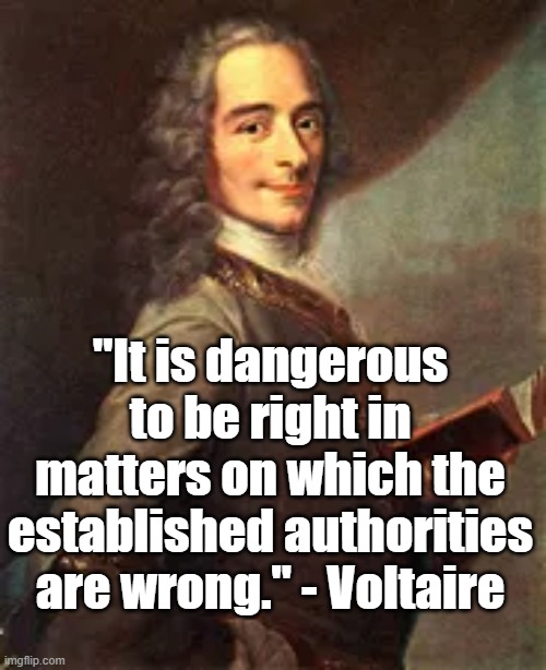 Right and Wrong | "It is dangerous to be right in matters on which the established authorities are wrong." - Voltaire | image tagged in voltaire,politics,philosophy | made w/ Imgflip meme maker