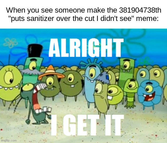 It's getting annoying | When you see someone make the 381904738th "puts sanitizer over the cut I didn't see" meme: | image tagged in alright i get it,hand sanitizer,cut,memes,funny,shut up | made w/ Imgflip meme maker