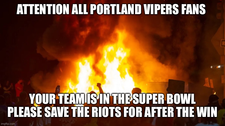 Portland Riots | ATTENTION ALL PORTLAND VIPERS FANS; YOUR TEAM IS IN THE SUPER BOWL PLEASE SAVE THE RIOTS FOR AFTER THE WIN | image tagged in portland riots | made w/ Imgflip meme maker