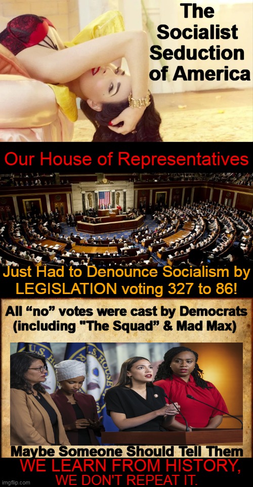 Progressive Propaganda & Policies Have Forced The House to Take a Stand | The 
Socialist 
Seduction 
of America; Our House of Representatives; Just Had to Denounce Socialism by
LEGISLATION voting 327 to 86! All “no” votes were cast by Democrats
(including "The Squad” & Mad Max); Maybe Someone Should Tell Them; WE LEARN FROM HISTORY, WE DON'T REPEAT IT. | image tagged in politics,the socialist seduction of america,progressive,propaganda,denounce socialism by legislation,america | made w/ Imgflip meme maker