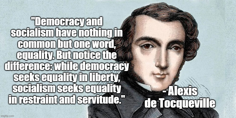 Democracy and Socialism | "Democracy and socialism have nothing in common but one word, equality. But notice the difference: while democracy seeks equality in liberty, socialism seeks equality in restraint and servitude."; - Alexis de Tocqueville | image tagged in alexis de tocquevill,democracy,politics,french,socialism | made w/ Imgflip meme maker