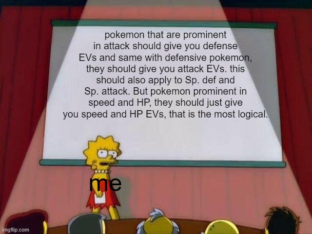 Lisa Simpson's Presentation | pokemon that are prominent in attack should give you defense EVs and same with defensive pokemon, they should give you attack EVs. this should also apply to Sp. def and Sp. attack. But pokemon prominent in speed and HP, they should just give you speed and HP EVs, that is the most logical. me | image tagged in lisa simpson's presentation | made w/ Imgflip meme maker