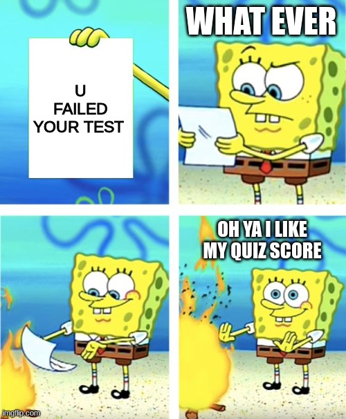 You failed ur Test | WHAT EVER; U FAILED YOUR TEST; OH YA I LIKE MY QUIZ SCORE | image tagged in spongebob burning paper | made w/ Imgflip meme maker