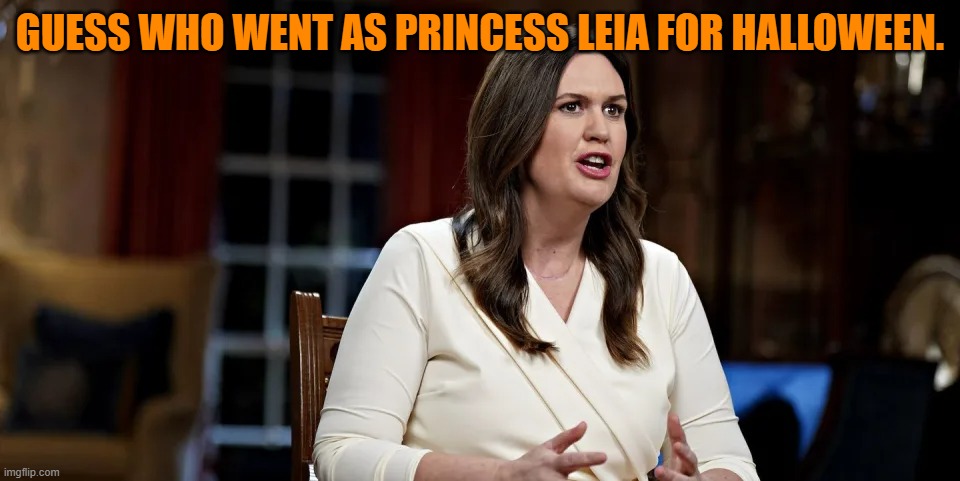 Ms. Huckabee-Sanders' frock is from the "Star Wars," collection at Wal-Mart. | GUESS WHO WENT AS PRINCESS LEIA FOR HALLOWEEN. | image tagged in politics | made w/ Imgflip meme maker