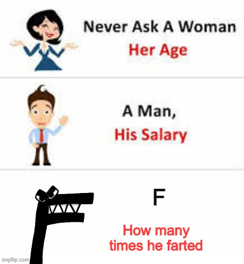 Never ask a woman her age | F; How many times he farted | image tagged in never ask a woman her age | made w/ Imgflip meme maker