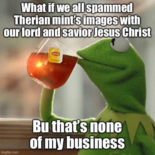 Meh | What if we all spammed Therian mint’s images with our lord and savior Jesus Christ; Bu that’s none of my business | image tagged in memes,but that's none of my business,kermit the frog,balls,human supremacy,christianity | made w/ Imgflip meme maker