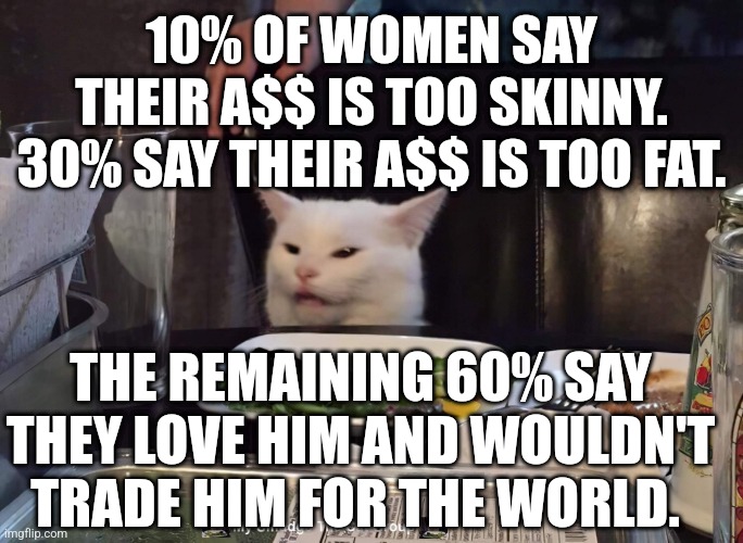 10% OF WOMEN SAY THEIR A$$ IS TOO SKINNY. 30% SAY THEIR A$$ IS TOO FAT. THE REMAINING 60% SAY THEY LOVE HIM AND WOULDN'T TRADE HIM FOR THE WORLD. | image tagged in smudge the cat | made w/ Imgflip meme maker