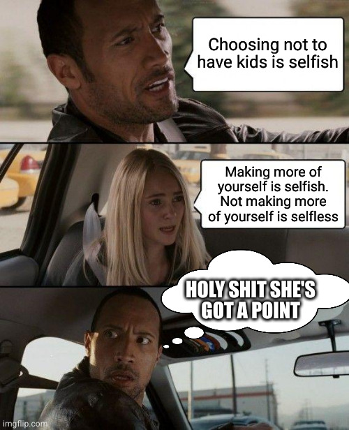 Come at me, breeders | Choosing not to have kids is selfish; Making more of yourself is selfish. Not making more of yourself is selfless; HOLY SHIT SHE'S
GOT A POINT | image tagged in memes,the rock driving | made w/ Imgflip meme maker